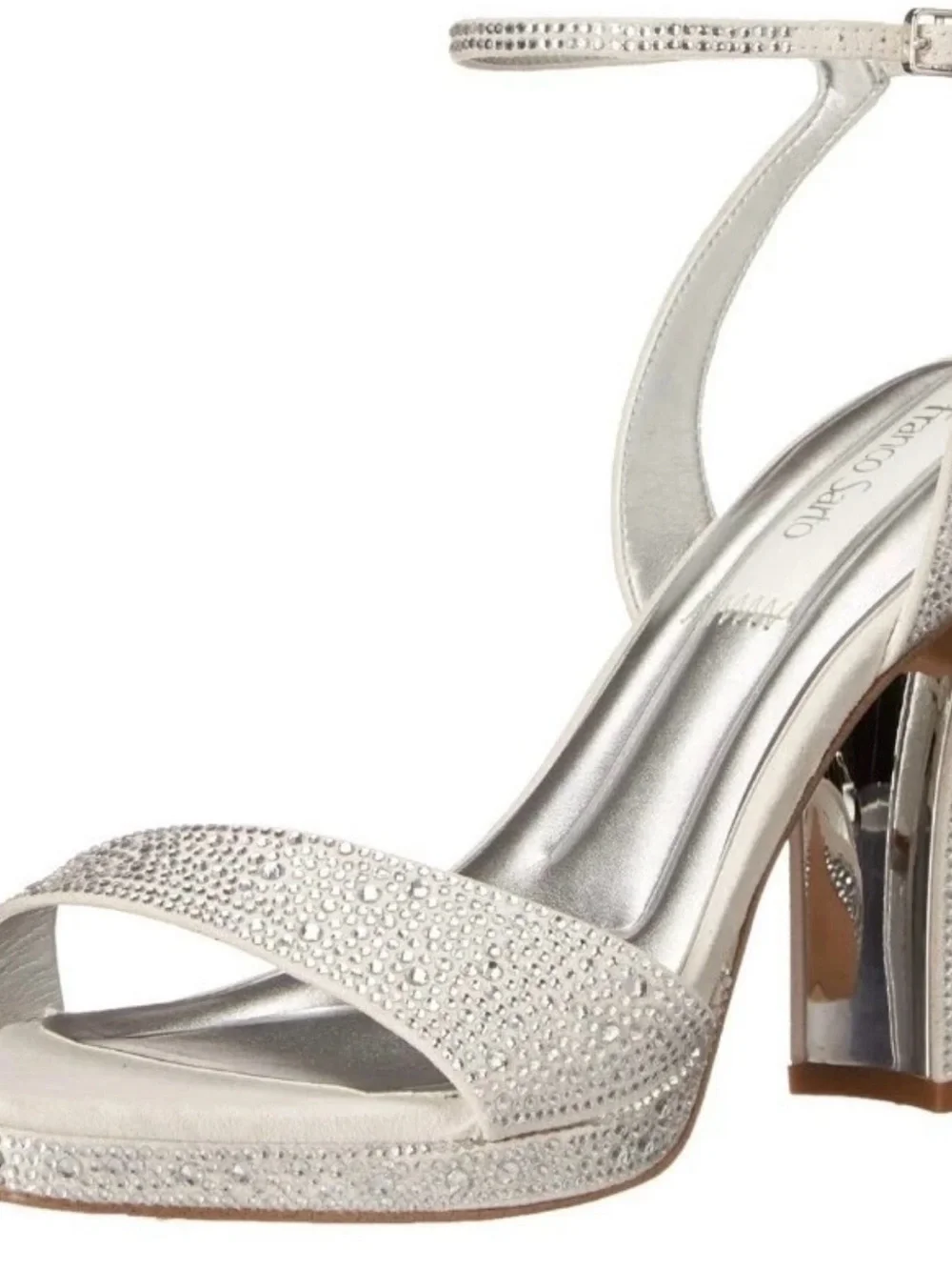 Franco Sarto women’s L-Daffy ankle strap heeled sandals metallic silver w stones